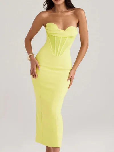 robe-corset-moderne Μοντέρνο κίτρινο μακρύ φόρεμα κορσέ με λαιμόκοψη