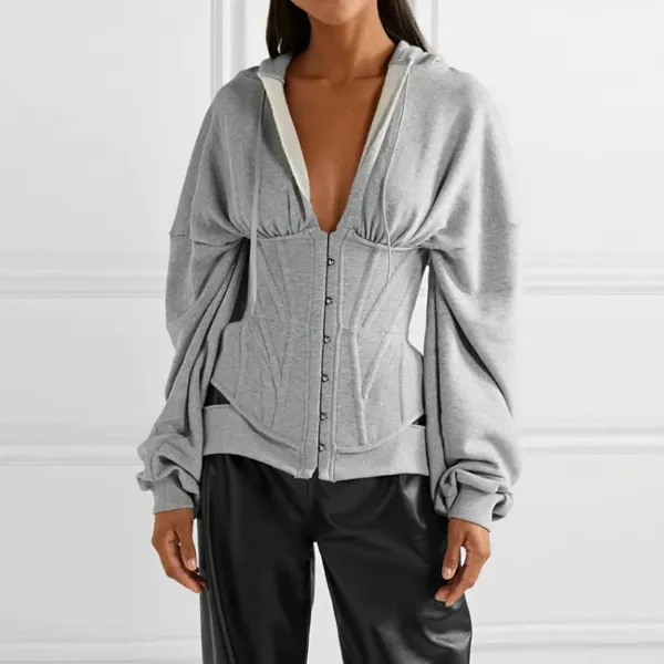 sweat-corset Υπερμεγέθη γκρι φούτερ με κουκούλα και κορσέ με μεταλλικό μπούστο
