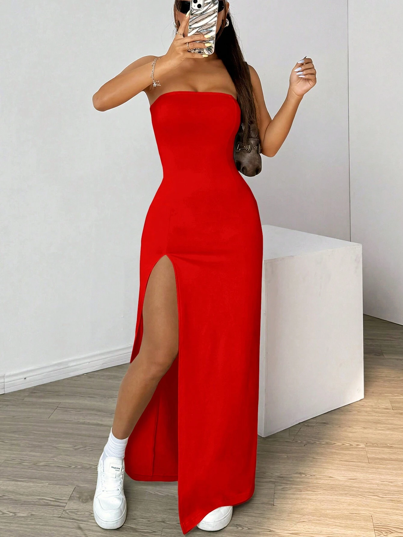 strapless open back dress Debora Red Strapless Bustier Gown | Afterpay | Klarna